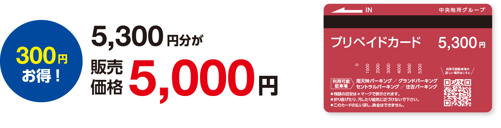 プリペイドカード5,300円分が販売価格5,000円